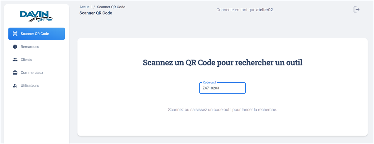 Écran d'accueil de l'application : un champ de saisie unique, déjà actif, où le scan du QR code déclenche la recherche