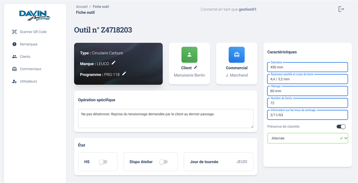 Fiche d'une lame circulaire carbure vue par un gestionnaire, avec ses caractéristiques techniques