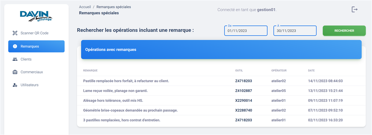 Extraction qualité : toutes les remarques d'une période, outil par outil, avec l'opérateur et la date