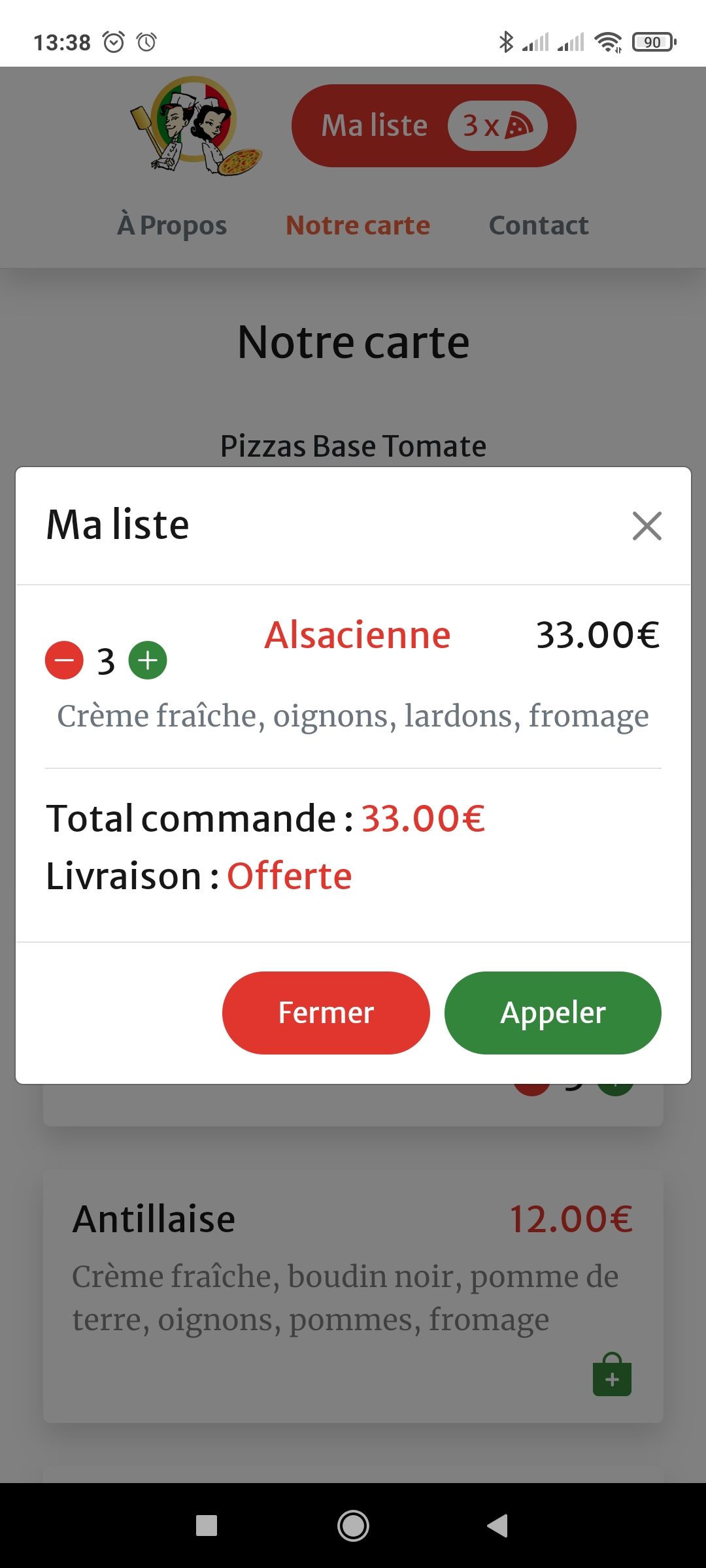 Application mobile menu restaurant